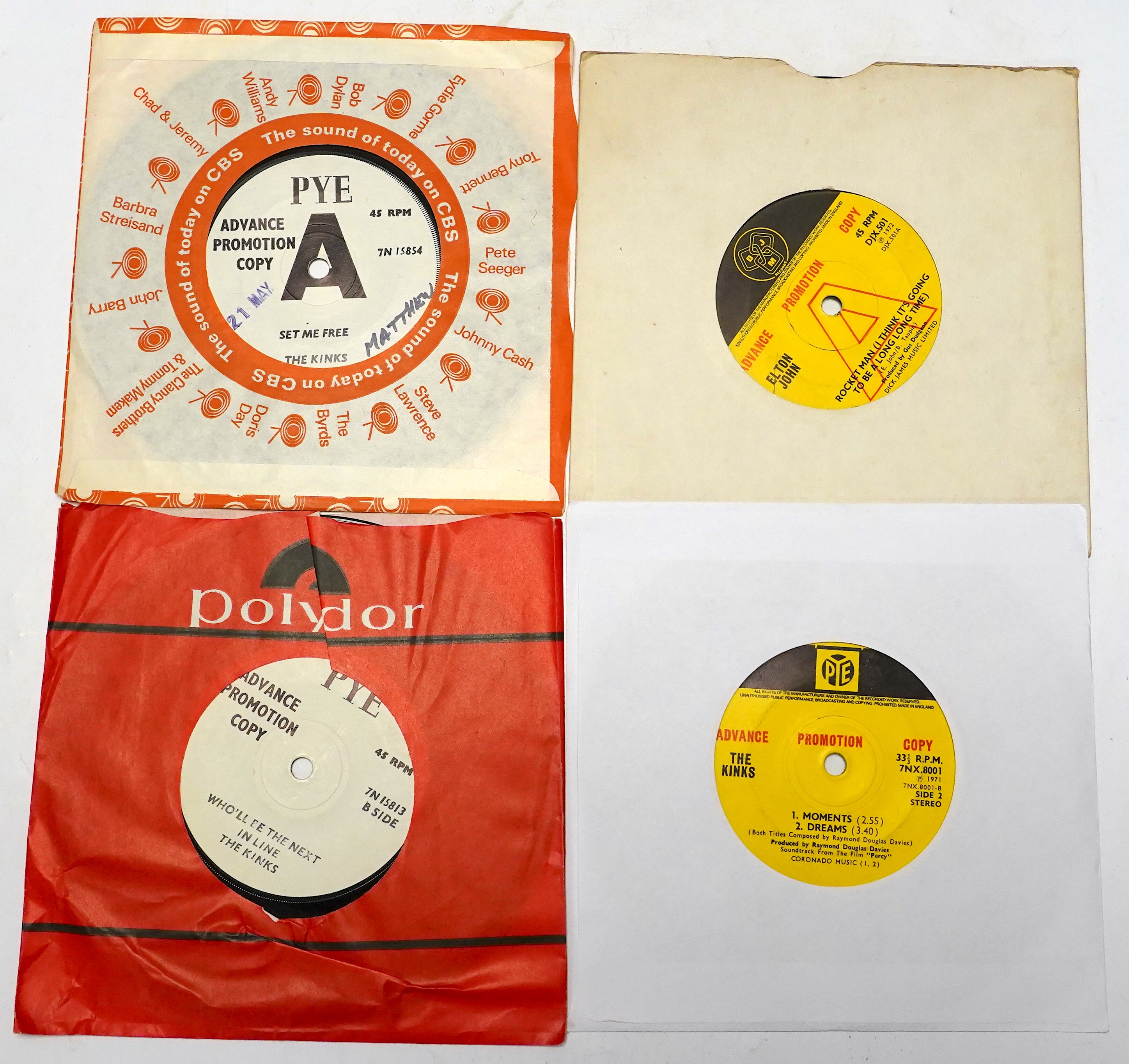 Fourteen demo 7” singles, all with printed demo labels by Elton John, The Kinks, The Who and T-Rex, singles include; Rocket Man, Your Song, Set Me Free, Where Have All the Good Times Gone, My Generation, etc.